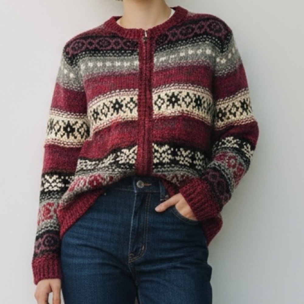 Vintage Tangents Patterned Wool Blend Zip-Up Sweater - Red and Black